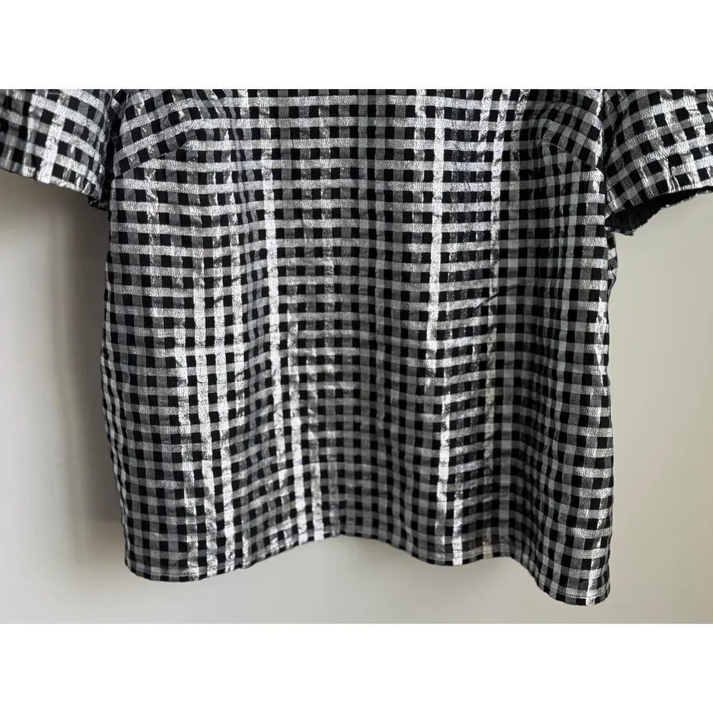 J. Crew Metallic Gingham Puff-Sleeve Blouse Top Black White Womens Size XXL NWT
